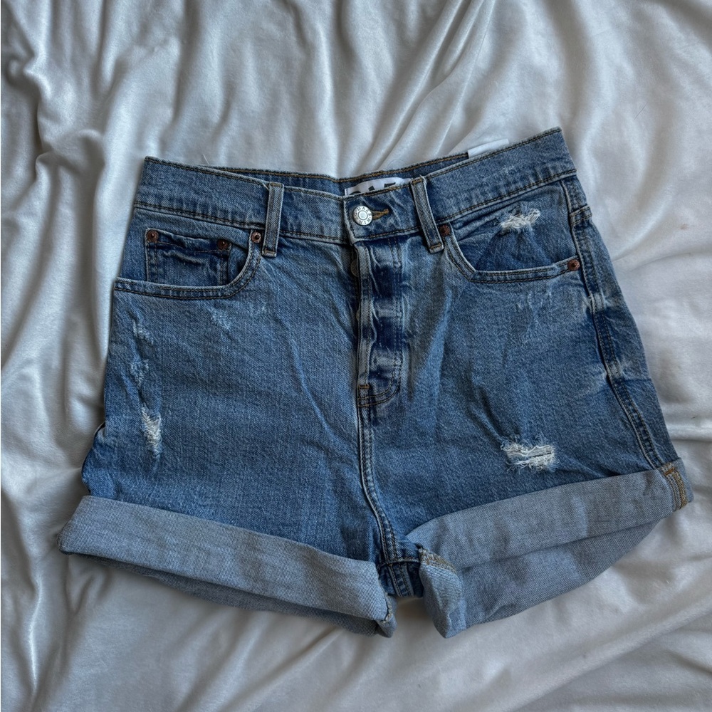 Daze High Waist Roll Hem Distressed Denim Shorts